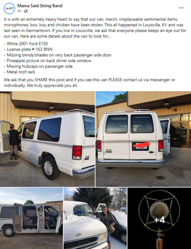 Facebook post about stolen van