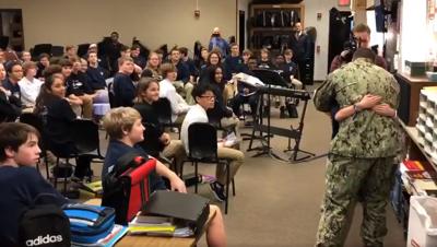 Military dad surprises 8th grade daughter at Crosby Middle School on Feb. 10, 2020