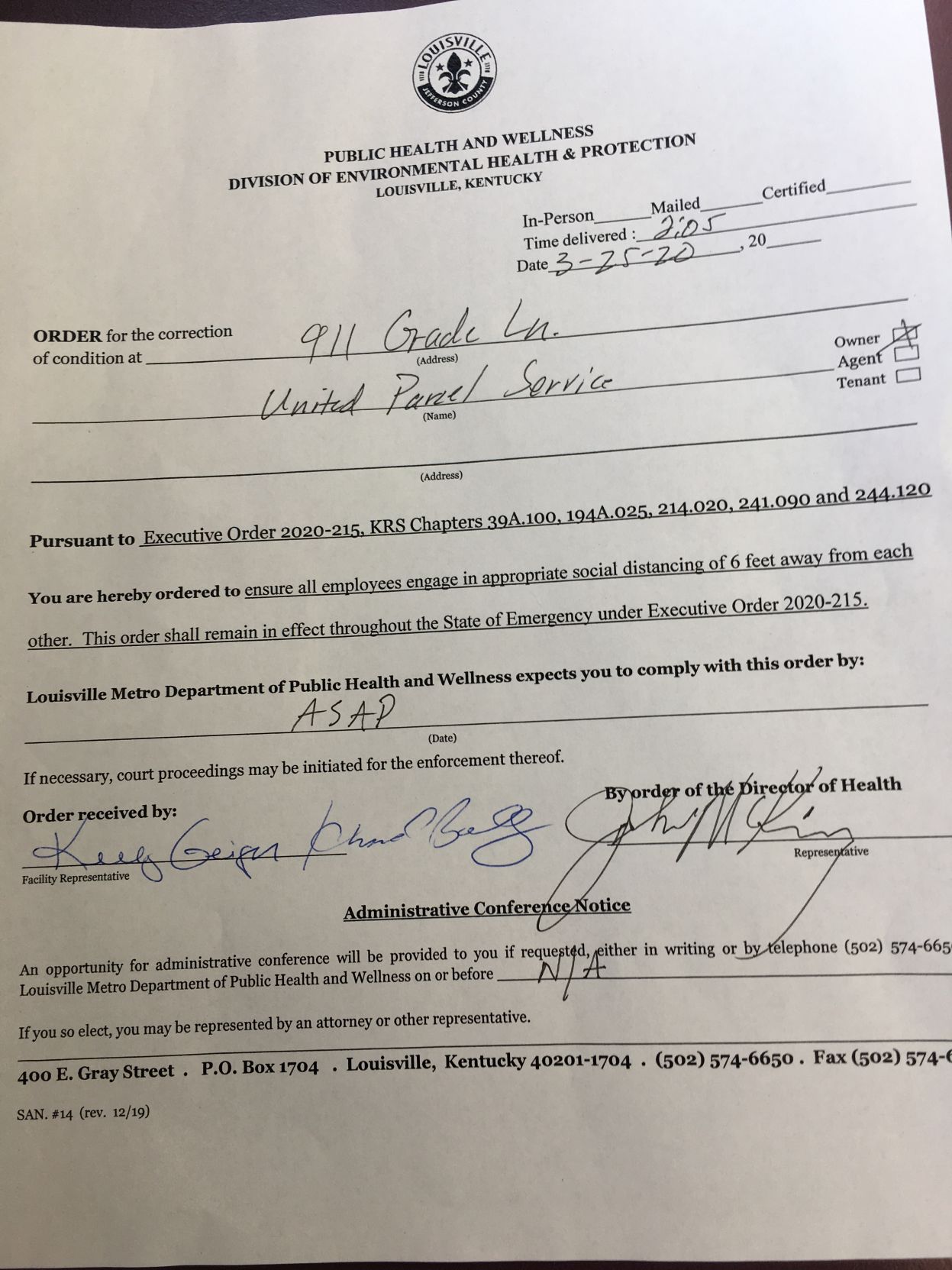 UPS Health Department Order