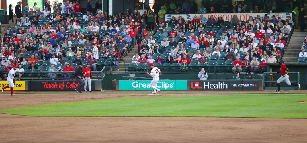 Play at first ball at Slugger Field.JPG