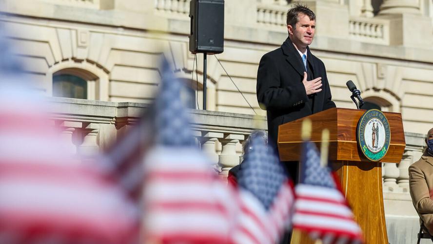Kentucky Gov. Andy Beshear at flag memorial for covid victims 1-22-2021