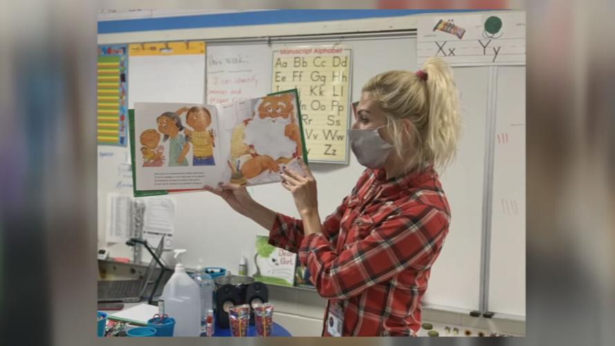 Teacher reading to students with mask on