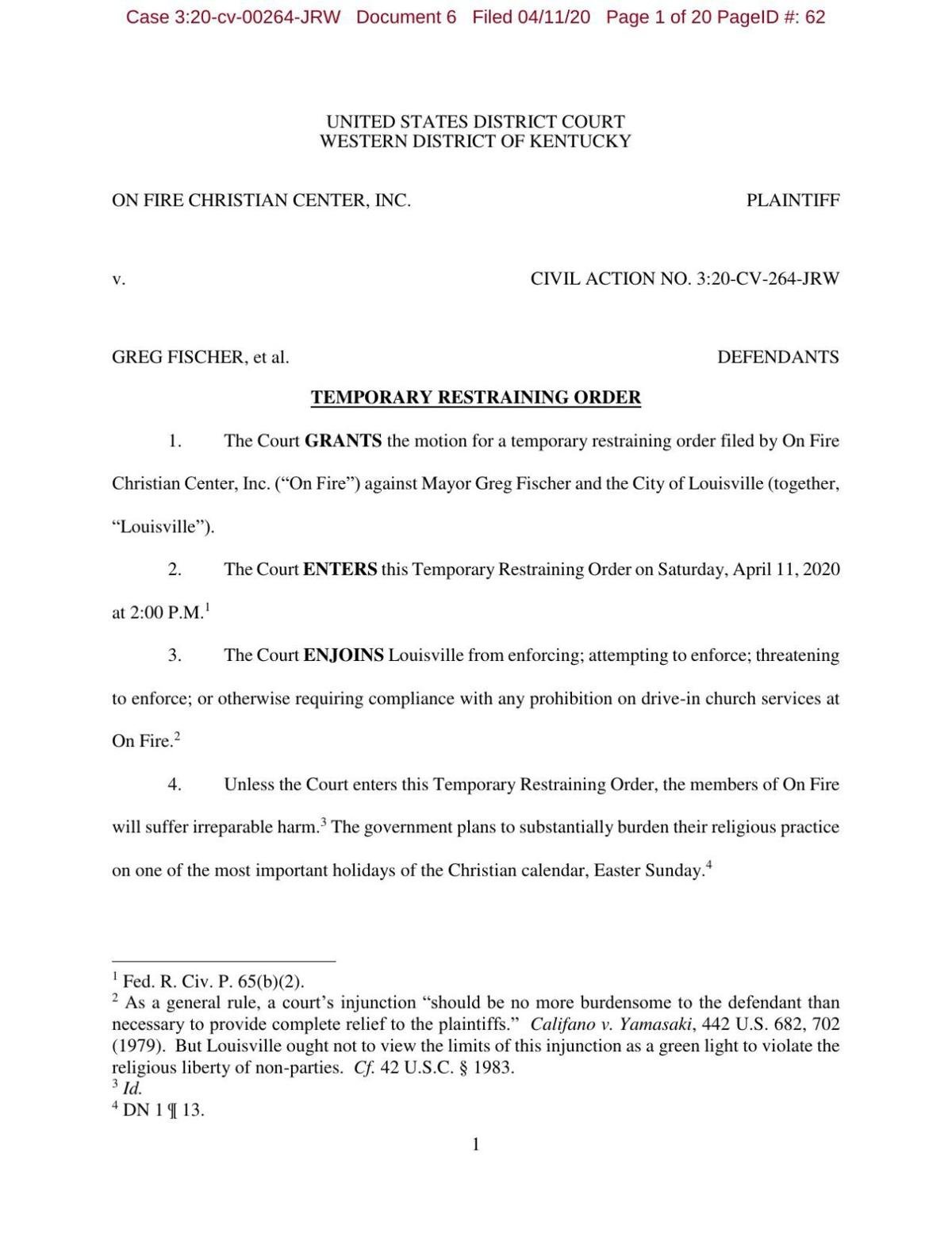 Judge Grants Louisville Church S Temporary Restraining Order Against Mayor Fischer To Allow Drive In Service News Wdrb Com