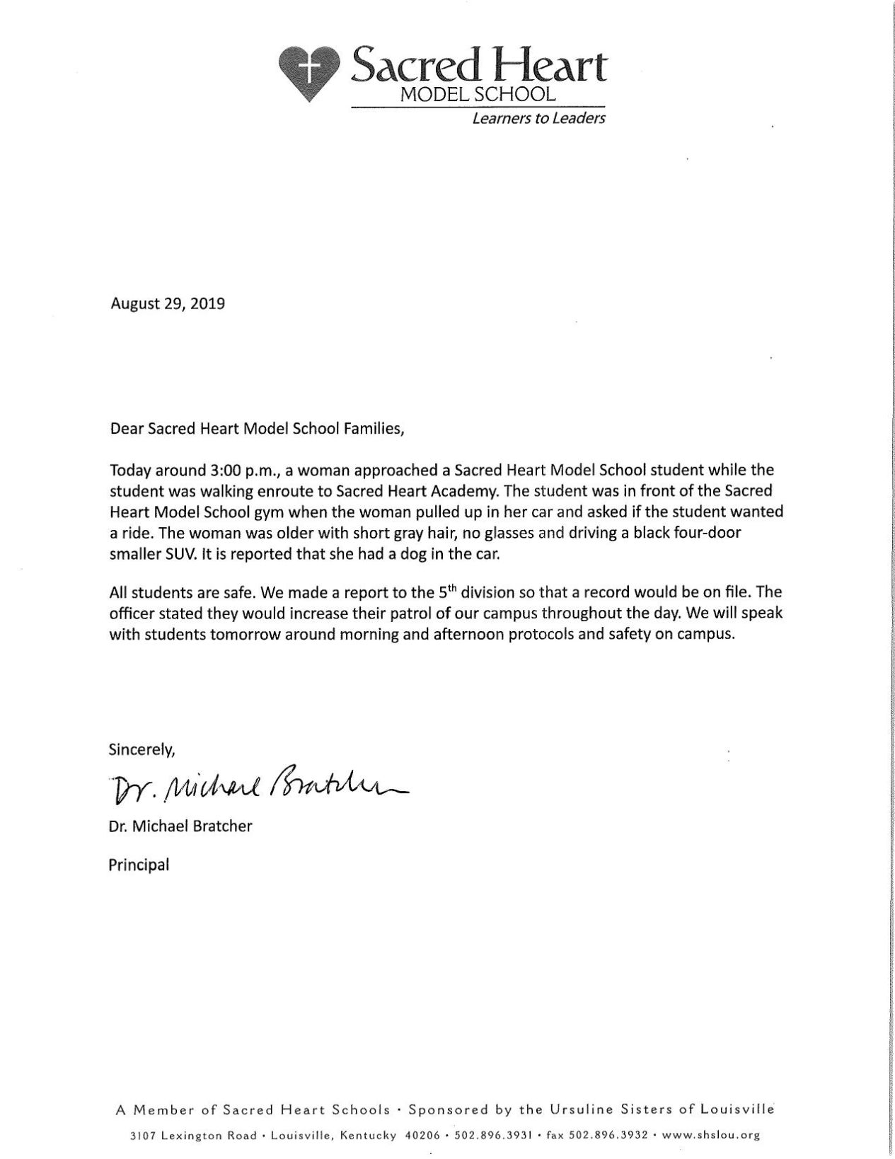 Aug. 29, 2019 letter to Sacred Heart Model School parents