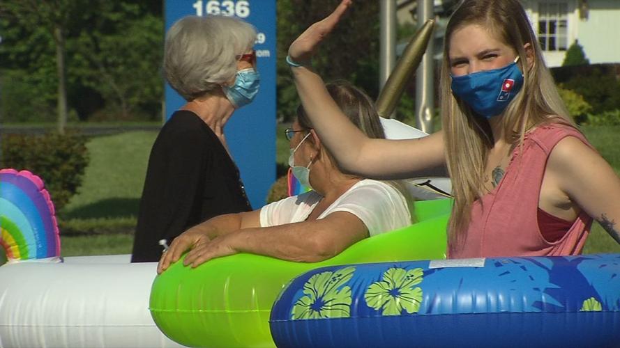 Madison Assembly of God churchgoers wear pool floats on the first Sunday back during COVID-19 pandemic to remind people to be socially distant