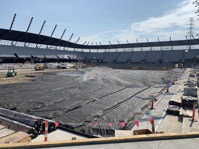 Crews work on field at Lynn Family Stadium