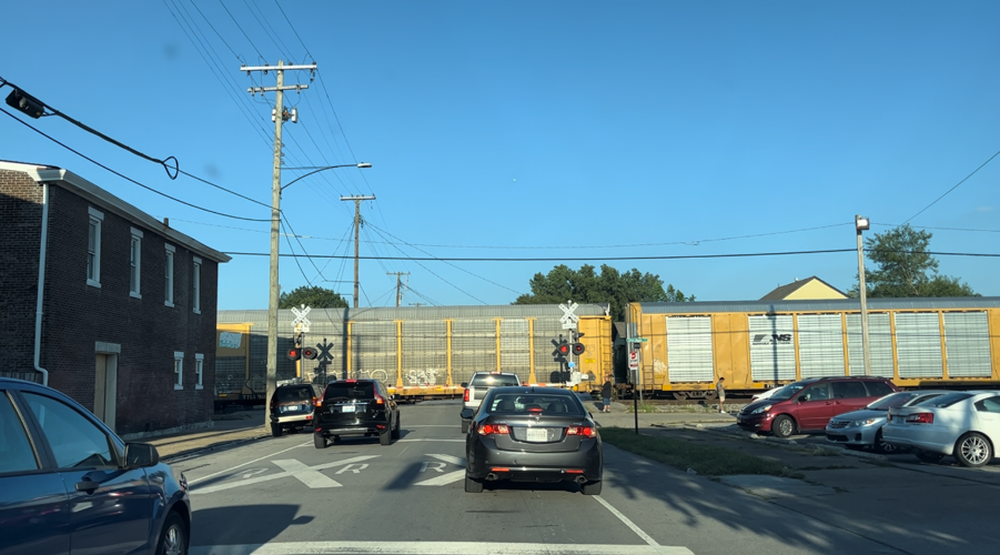 Train blocks E. Oak Street