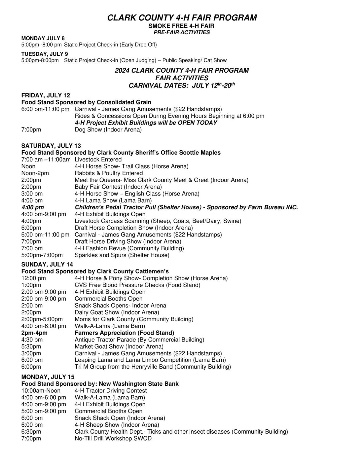 Clark County 4-H Fair schedule July 12-20