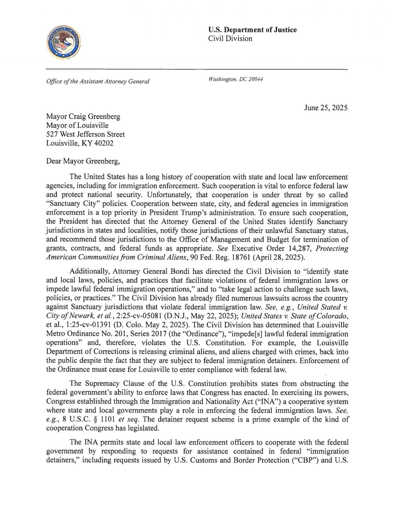 Sanctuary city - DOJ letter to Greenberg