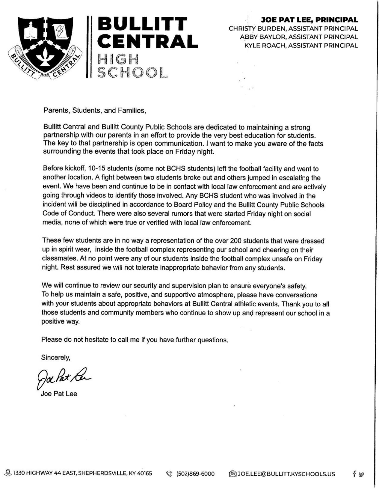 Letter to Bullitt Central High School parents after fight on campus