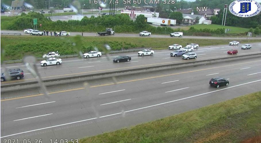 Crashed vehicle near Exit 7 -- the State Road 60 exit -- from southbound I-65 at Hamburg in Clark County, Indiana after pursuit of shoplifting suspect on May 26, 2021