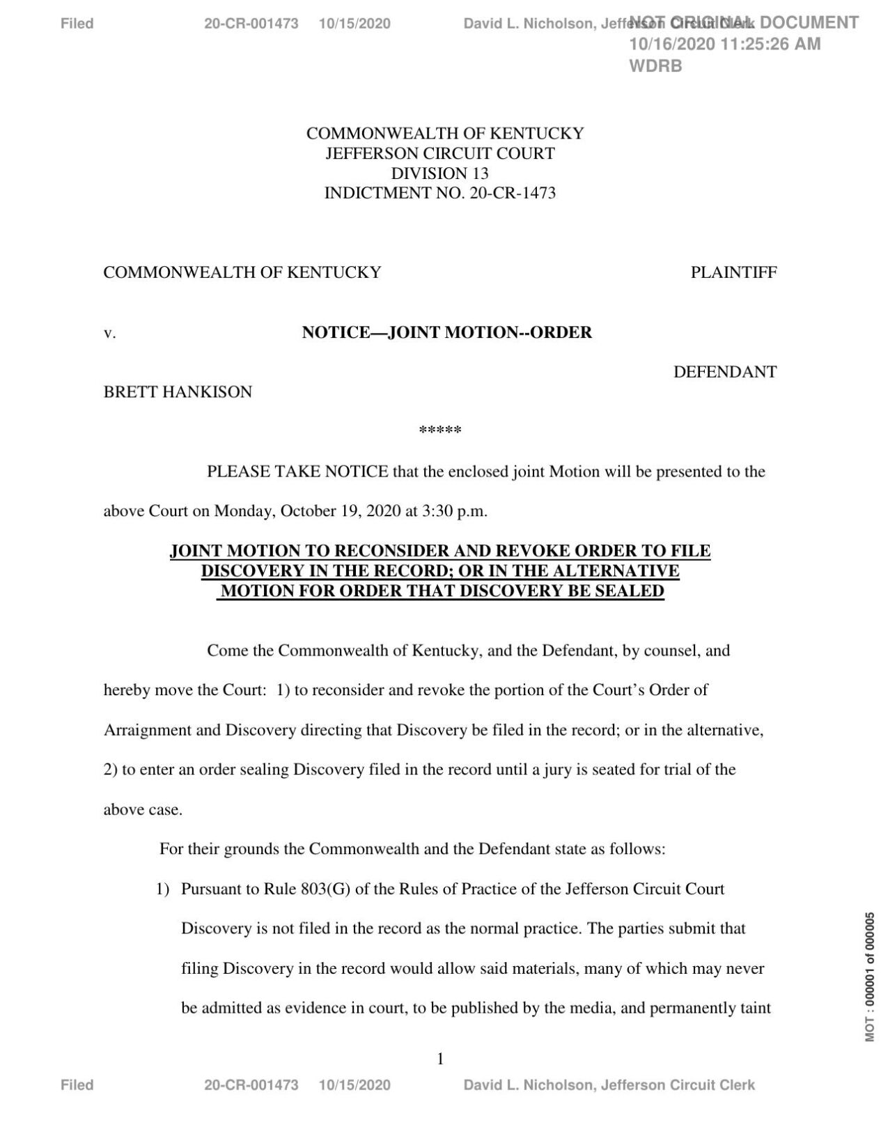 Motion to seal evidence in Commonwealth of Kentucky vs. Brett Hankison