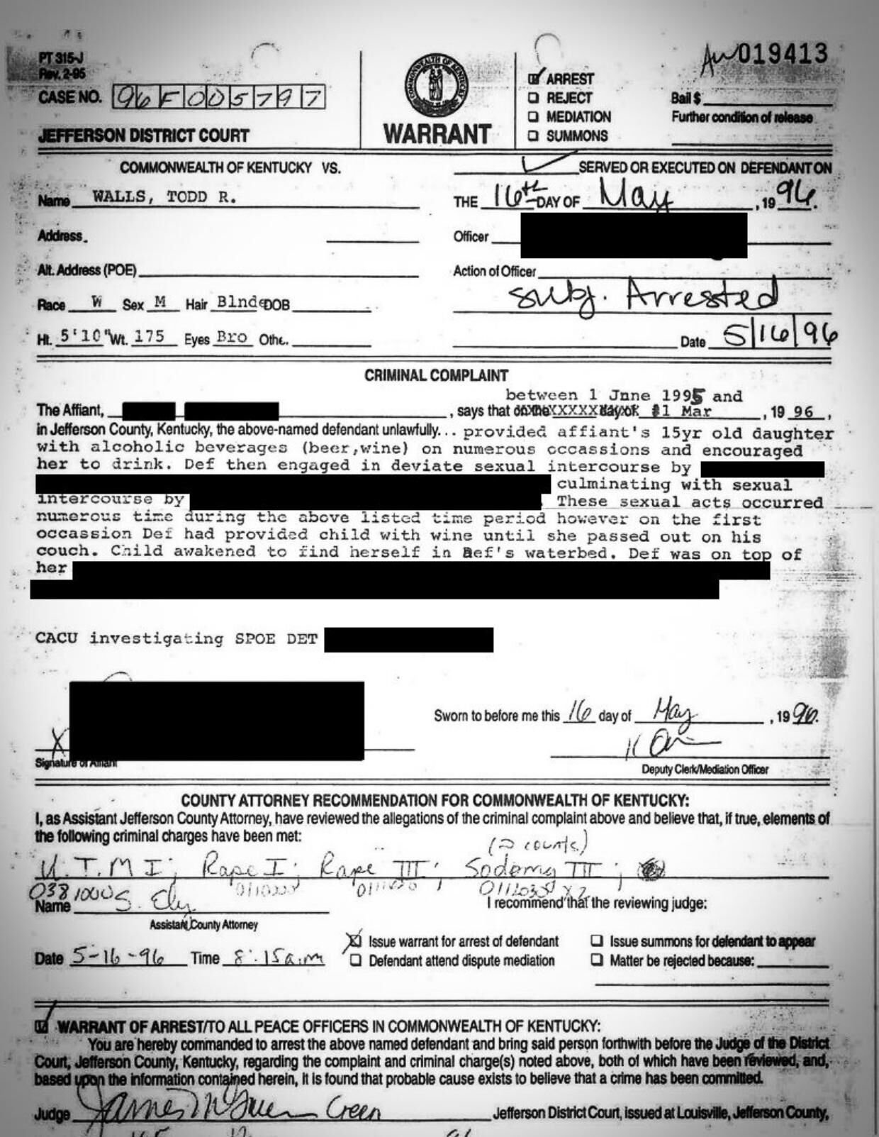 1996 arrest warrant for Todd Walls
