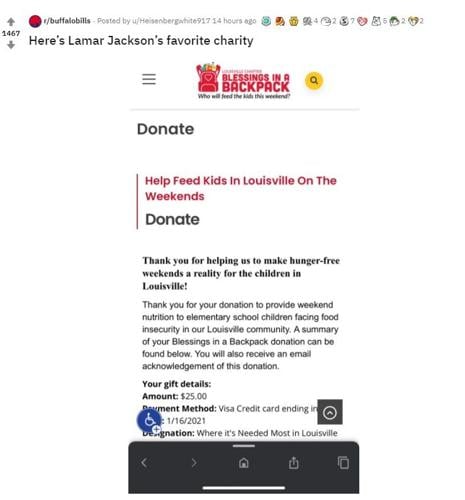 Bills fan posts donation to Blessings in a Backpack's Louisville chapter after Lamar Jackson leaves game with concussion
