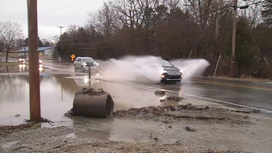Flooded street in Bullitt County, near Old Preston Hwy. and Topfield Road 2-20-19