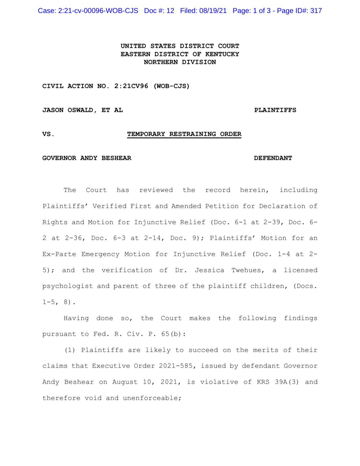Oswald et al v. Beshear TRO Order