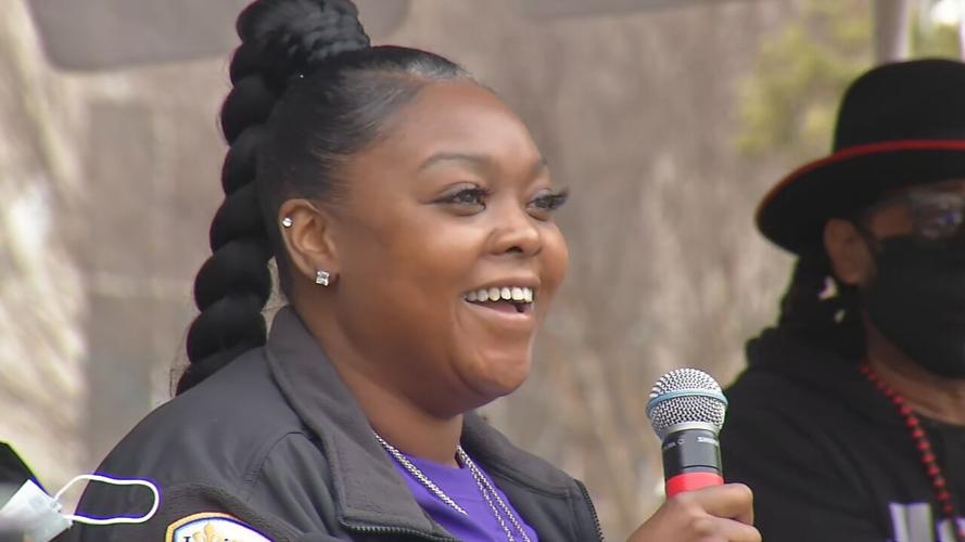 Breonna Taylor's aunt, Bianca Austin, speaks during a rally marking one-year anniversary of Taylor's death