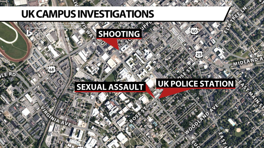 Map of UK campus with shooting scene and fifth sexual assault scene - 11.15.24