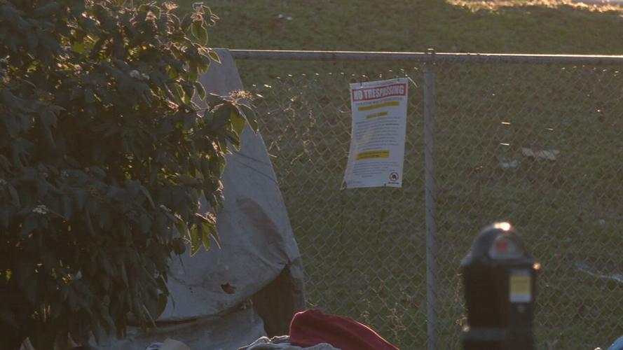 No Trespassing sign posted at downtown homeless camp