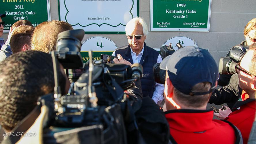 Bob Baffert with reporters