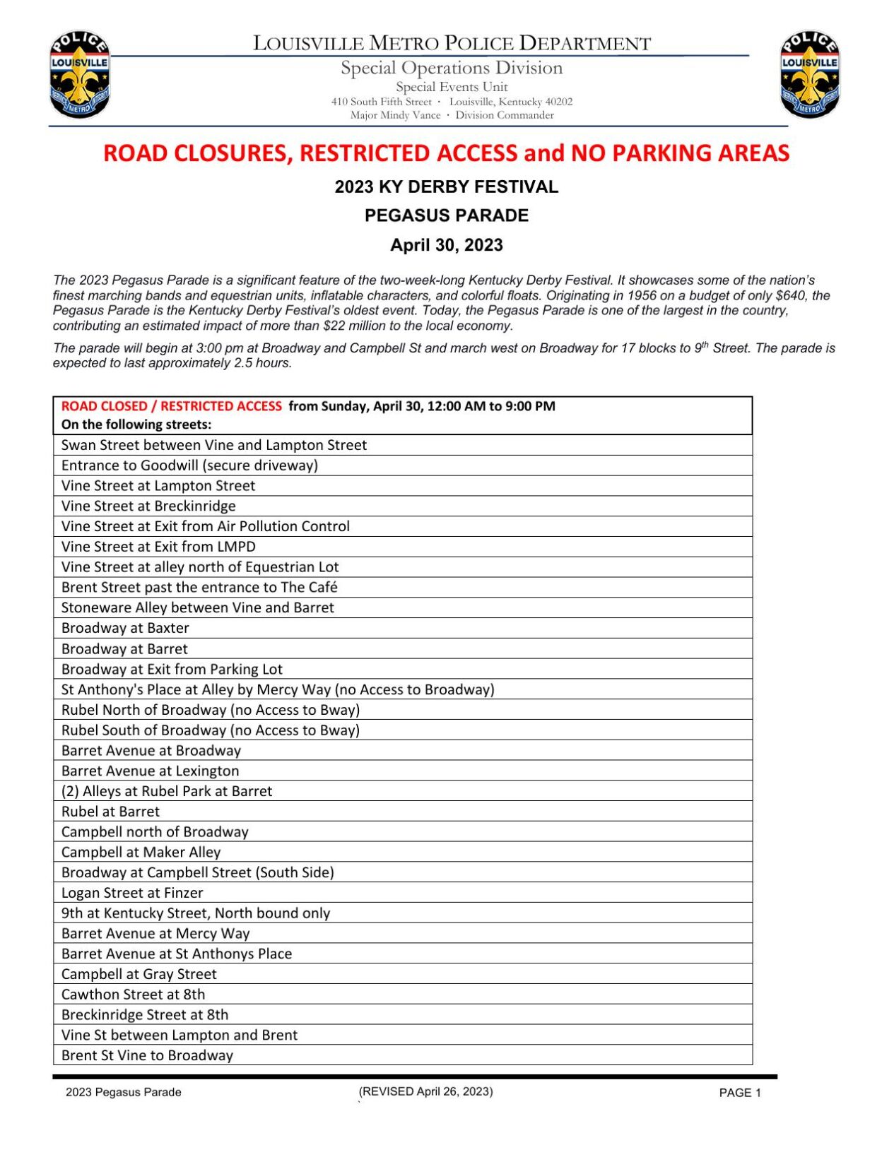 LMPD road closures for 2023 Pegasus Parade