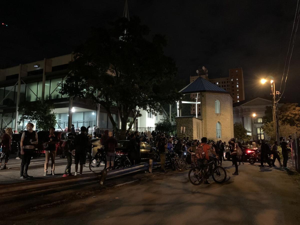 Protesters gather near First Unitarian Church on 9/24/20