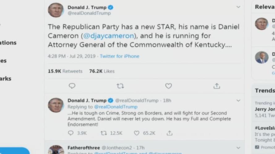 President Trump tweets support for Daniel Cameron, GOP candidate in the race for Kentucky Attorney General