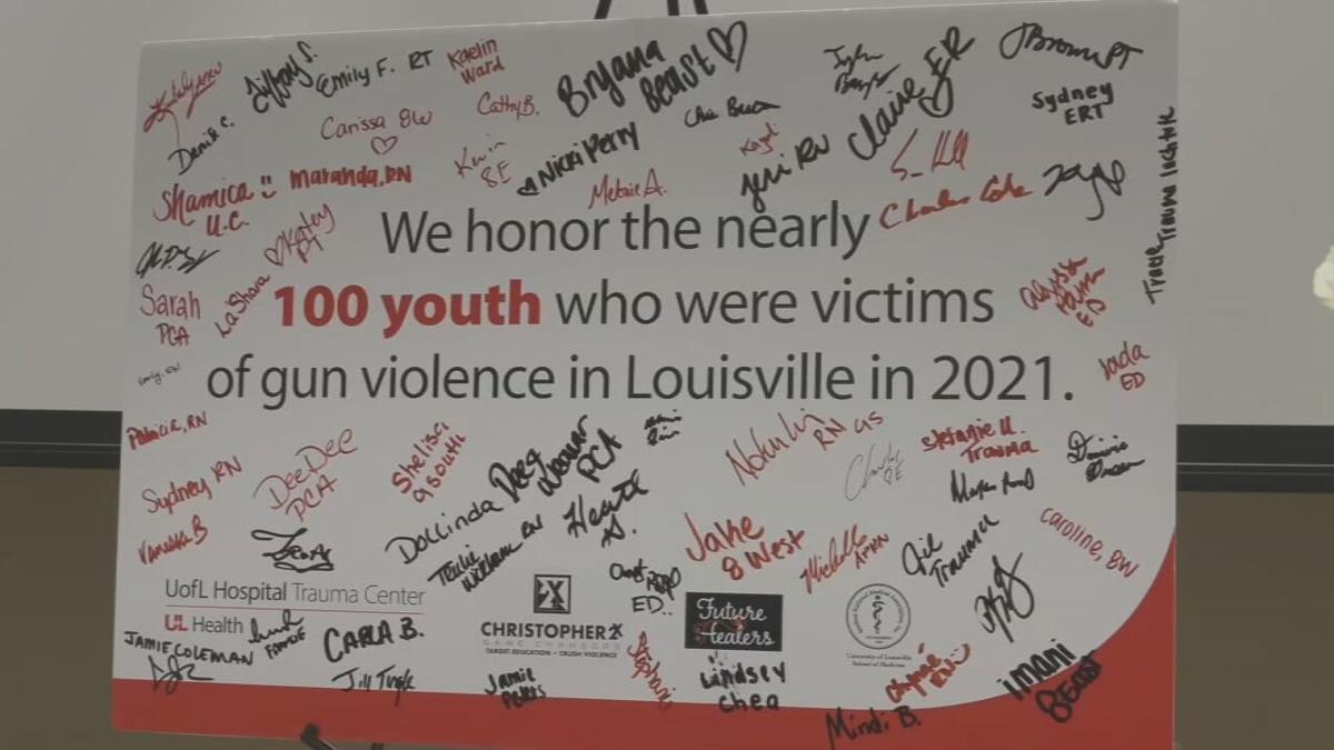 A signed poster honoring the nearly 100 victims of child gun violence in Louisville in 2021