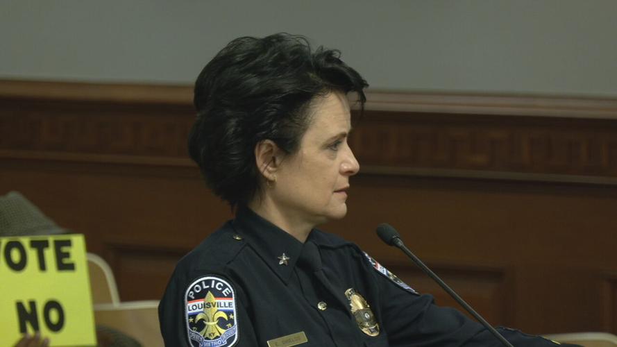LMPD Chief Erika Shields addresses metro council members before council meeting on Nov. 11, 2021
