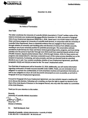 Todd Sharp's termination letter from U of L