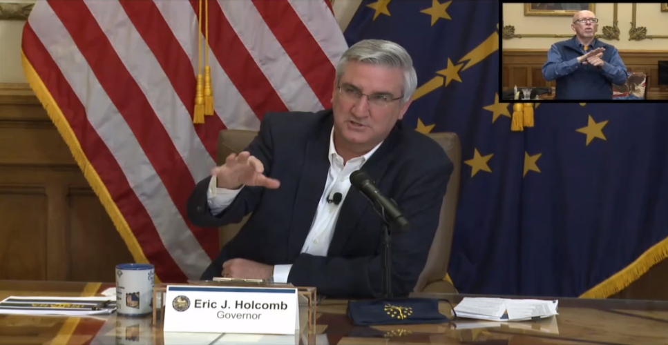 Gov. Eric Holcomb Seated at News Conference on 5-1-20
