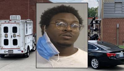 Eric Deshields mugshot against crime scene background