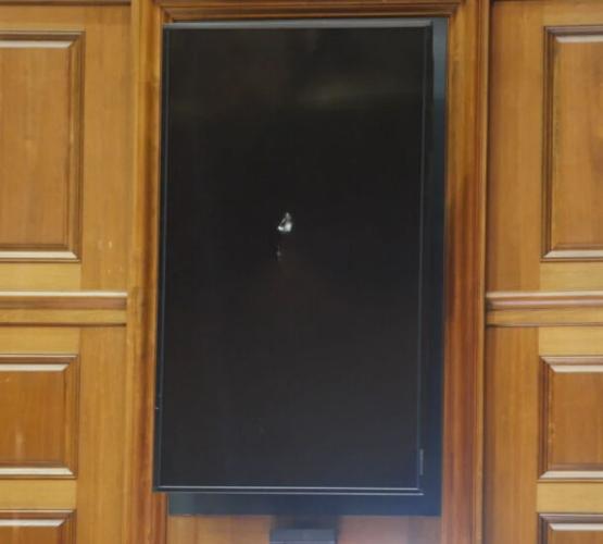 A damaged monitor at the Indiana Statehouse in Indianapolis