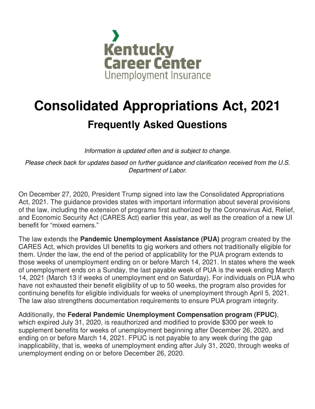 Kentucky unemployment FAQ, Jan. 19, 2021