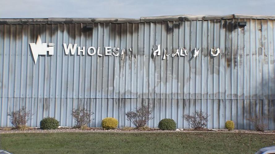 Aftermath of fire at Wholesale Hardwood Interiors in Campbellsville