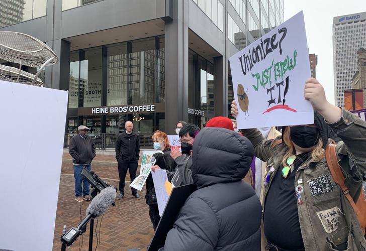 Heine Brothers' Coffee employees hold rally in favor of unionization on April 8, 2022