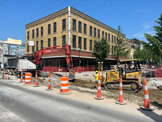 Construction equipment on Main Street in New Albany