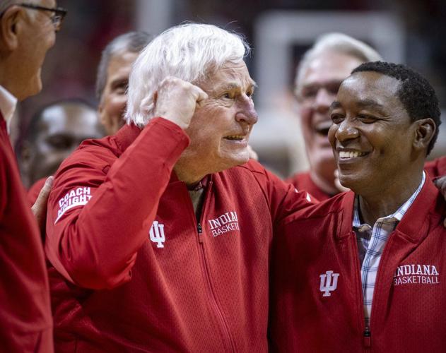 Former Indiana basketball head coach Bobby Knight, left, makes his first appearance at Indiana University since his dismissal in September of 2000