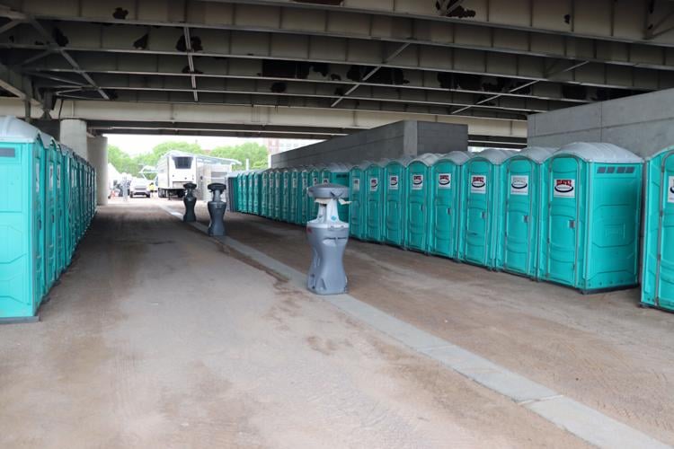 Portable toilets along the Ohio River one day before Thunder Over Louisville 2023