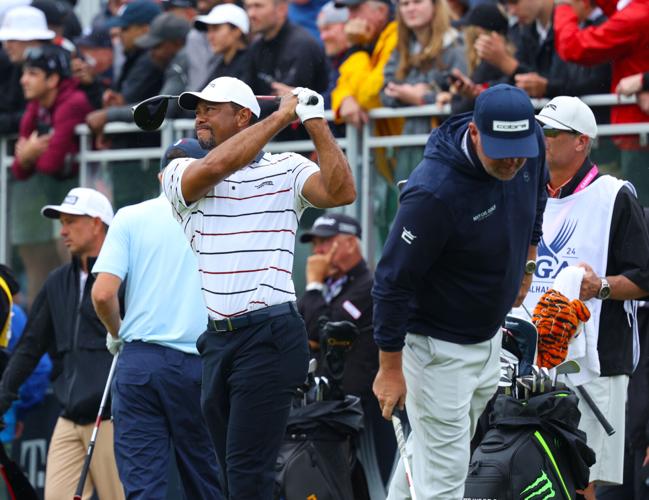 Tiger Woods hits a driver on practice range at Valhalla.JPG