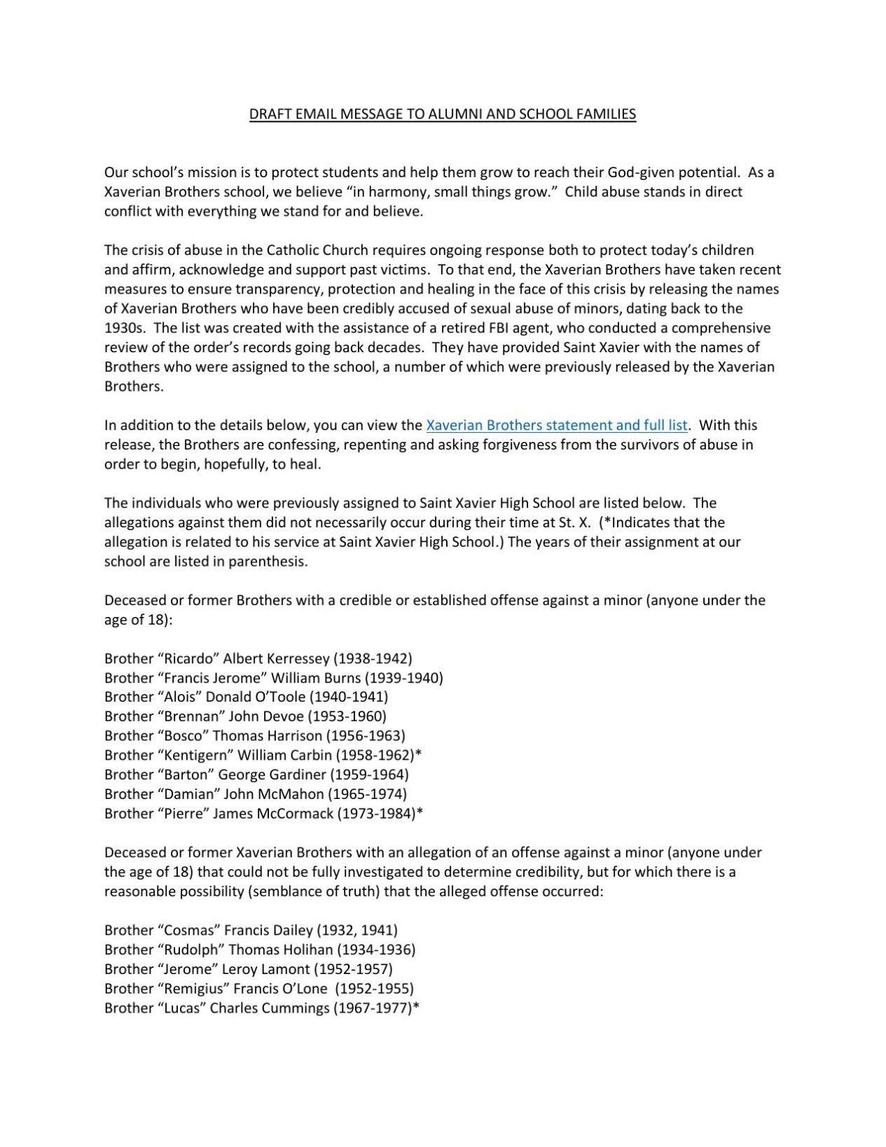 Xavierian Brothers Letter