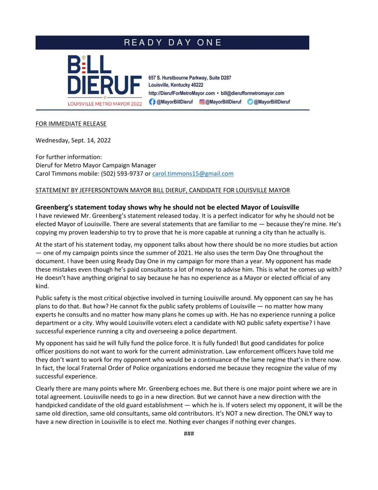 Bill Dieruf rsponds to Craig Greenberg plan (Sept. 14, 2022)