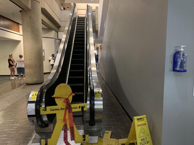 The first floor escalators inside the Louisville Metro Hall of Justice