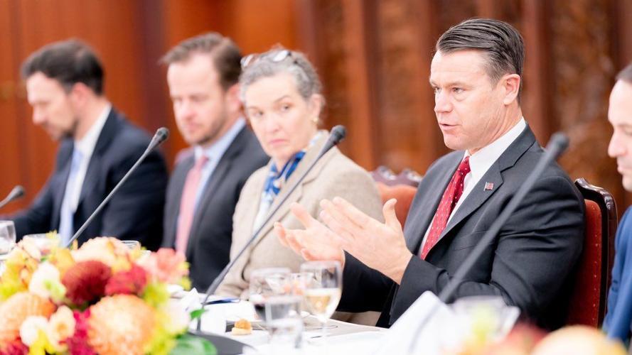 US Indiana Sen. Todd Young at a luncheon with Joseph Wu, minister of foreign affairs for Taiwan