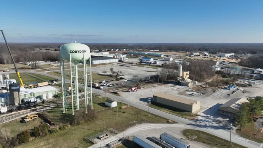 Crews in Corydon, Indiana work to find leak after water main break Tuesday. (WDRB photo)