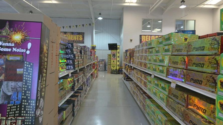 Fireworks on display on shelves in Clarksville store