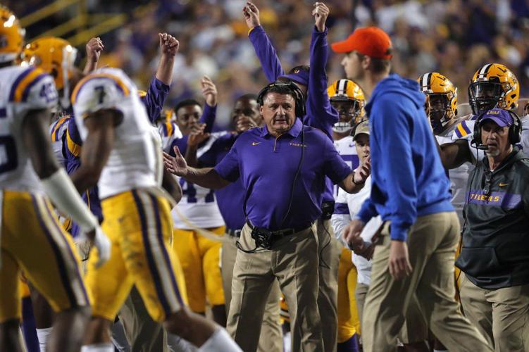 LSU head coach Ed Orgeron reacts on the sideline