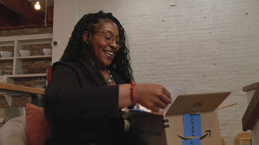 JaNae Martin opens birthday gift from friend