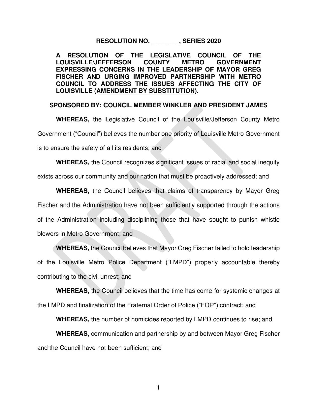 Approved no-confidence resolution in Louisville Mayor Greg Fischer