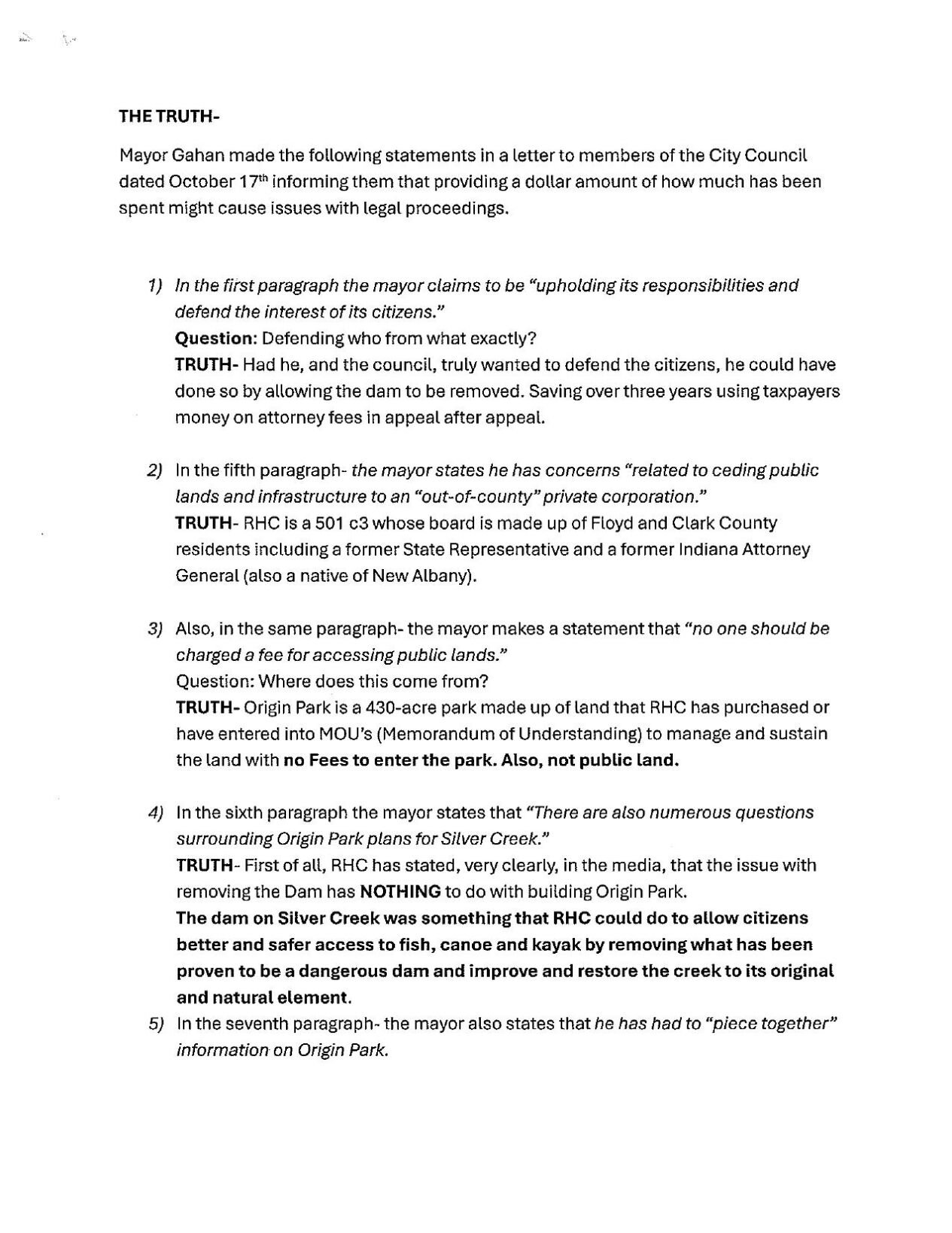 New Albany City Council response to Mayor Jeff Gahan's Oct. 17 letter